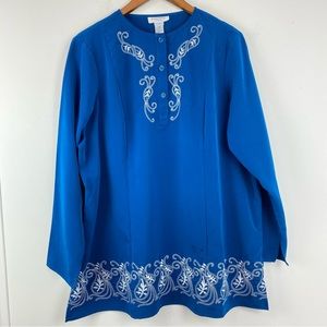 Vintage Brylane Woman Sz 18W Blue White Floral Paisley Embroidered Blouse Tunic